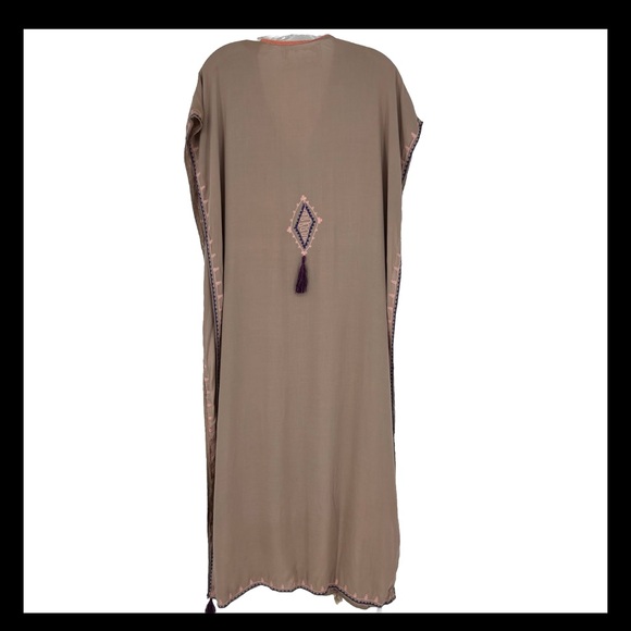 Spool No. 72 Kaftan Boho Beach Embroidered Fringe V Neck Open Sides Taupe OS - Picture 4 of 10